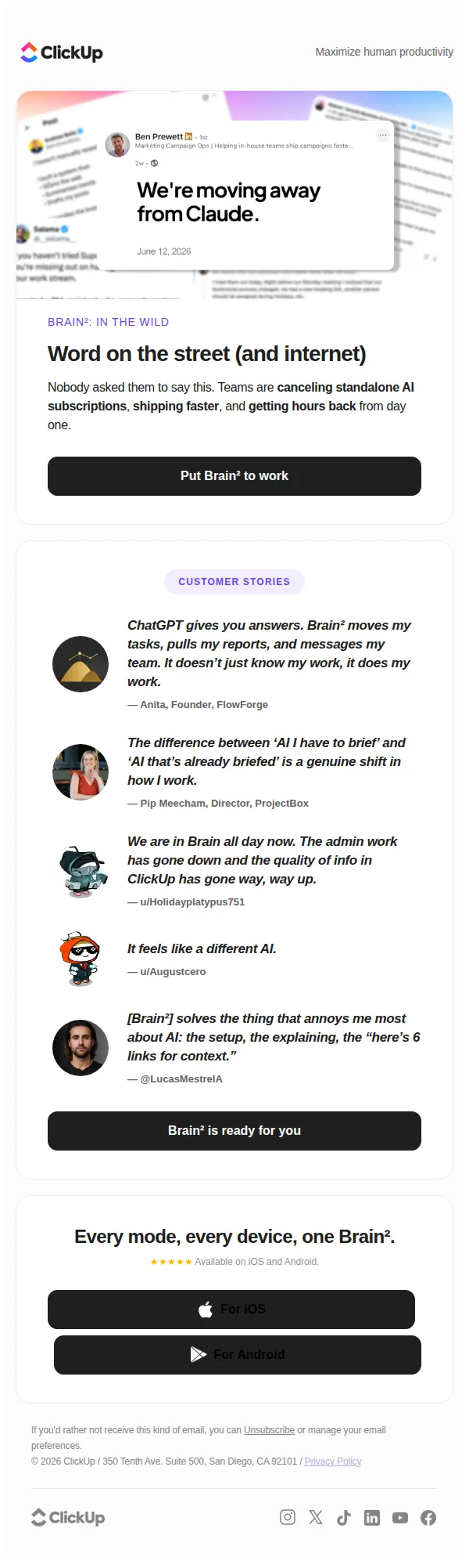ClickUp email: Even Reddit likes Brain² and that's saying a lot