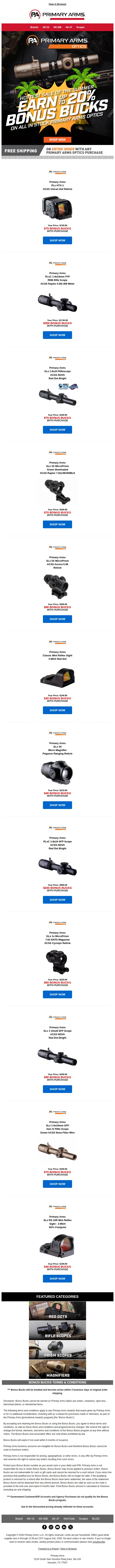 Primary Arms email: Hot Summer Deal! Up to 20% Bonus Bucks on All In-Stock Primary Arms Optics