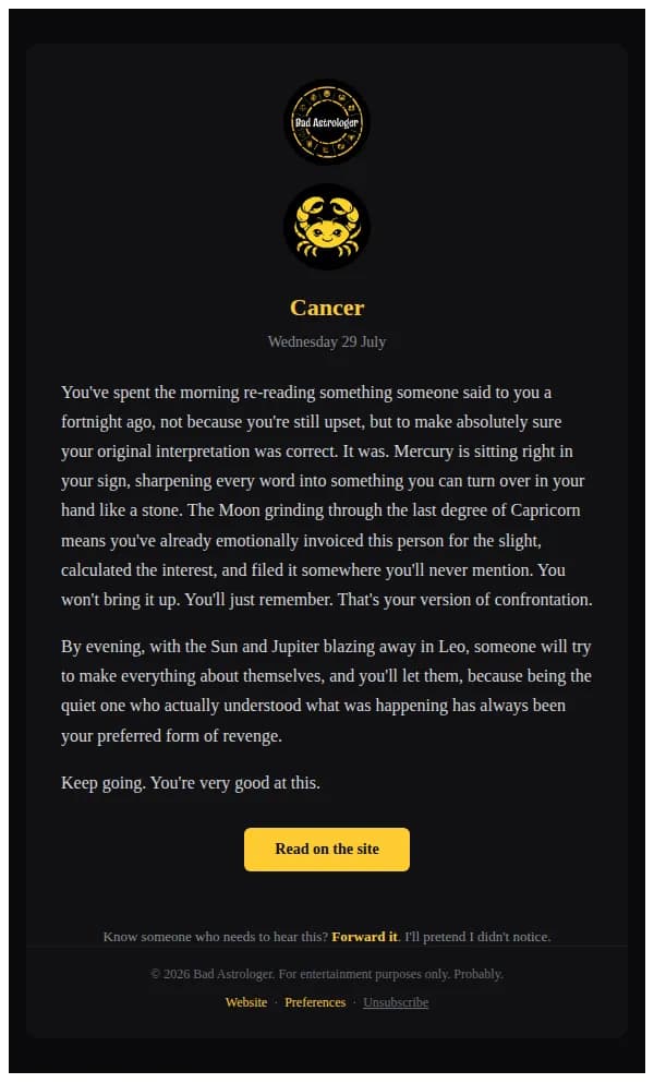 Bad Astrologer email: Cancer — Wednesday 29 July