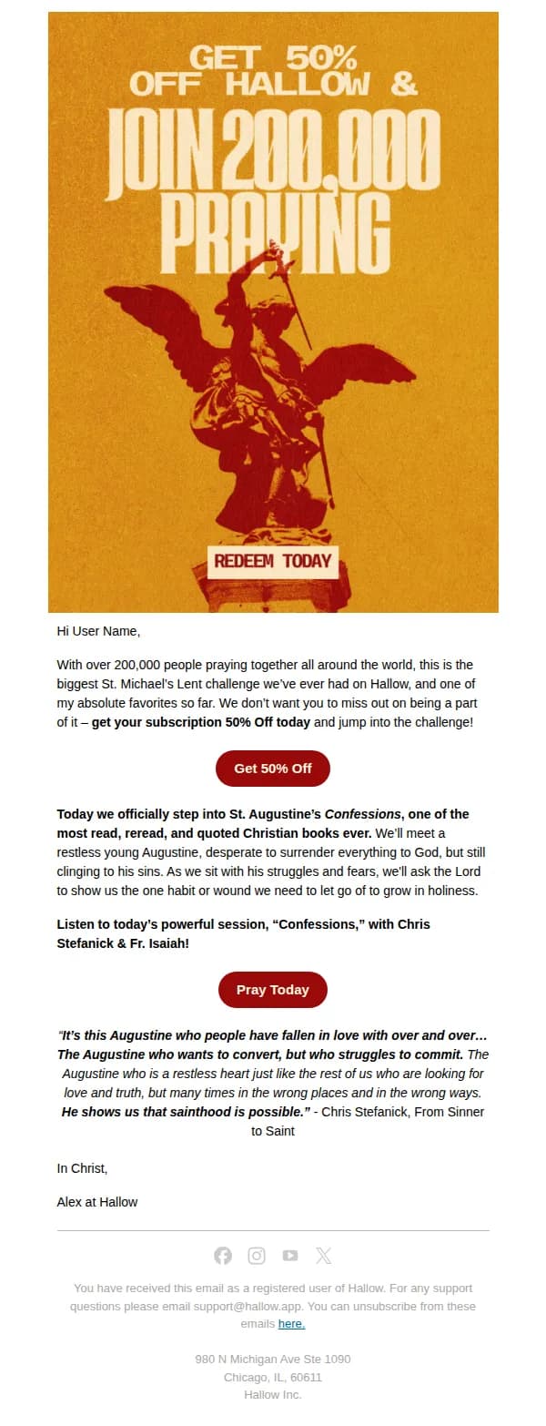 Alex at Hallow email: Day 2! Get 50% Off…