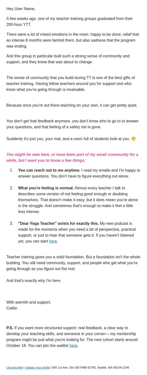 Flow with Caitlin email: YTT wasn't the hard part 😳