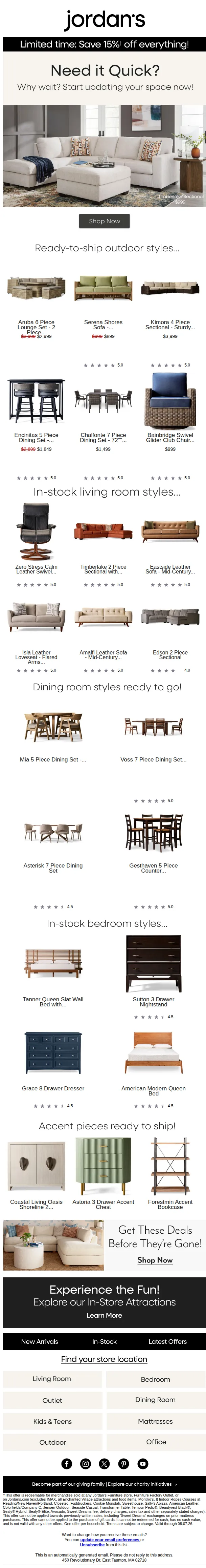 Jordan's Furniture email: 15% off in-stock favorites for every room!