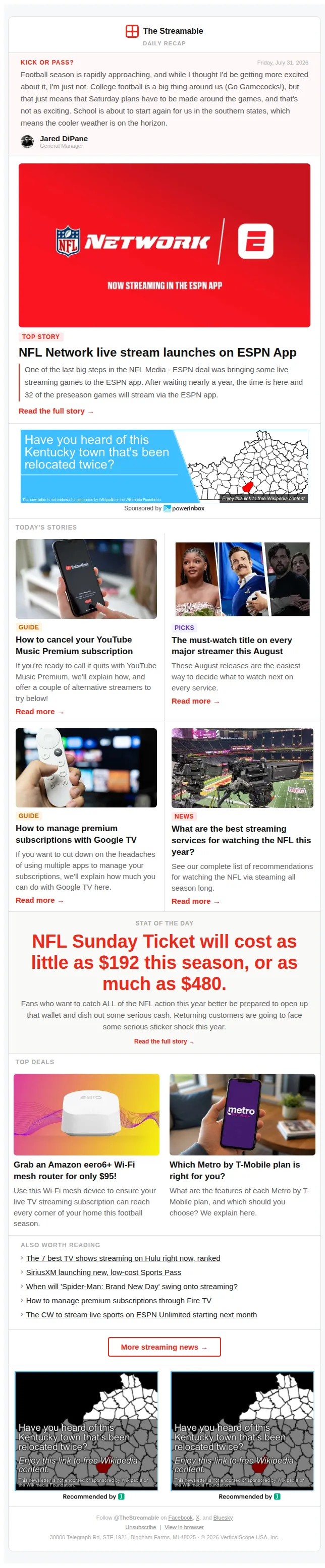 The Streamable email: 🏈 Just in time for kickoff: NFL Network live streams hit ESPN app