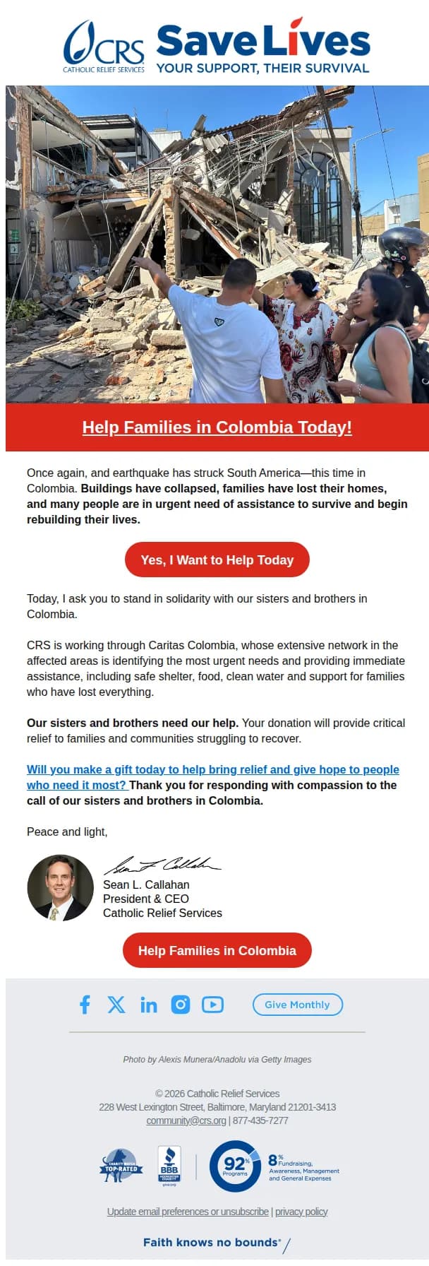 Catholic Relief Services email: URGENT: Colombia Needs Us Today