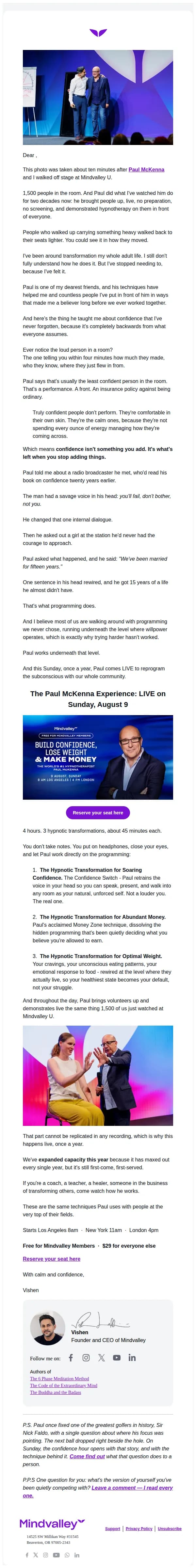 Mindvalley email: What 1,500 people watched Paul McKenna do on stage