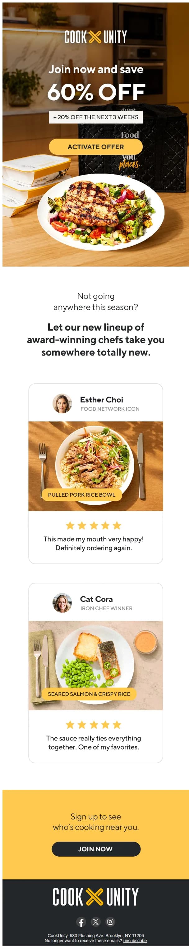 CookUnity email: Meals by Michelin-starred chefs, all 60% off.