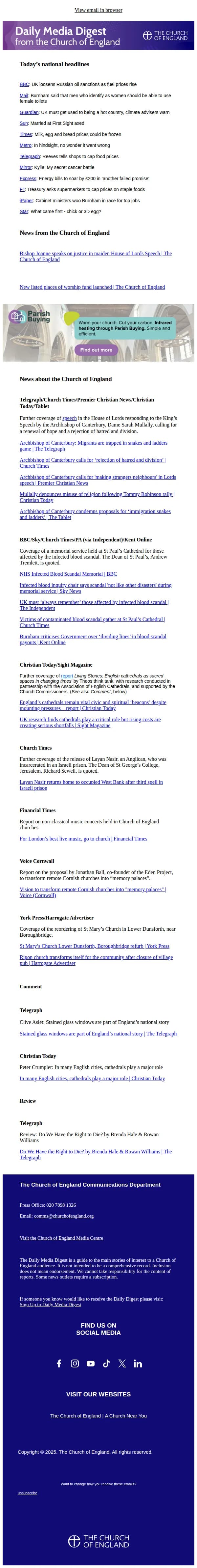 Church of England email: Today's Daily Media Digest