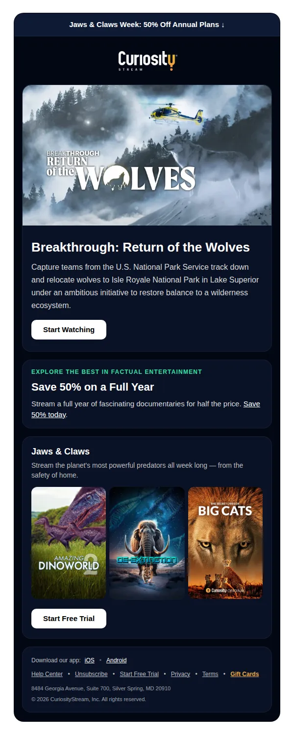 Curiosity Stream email: 50% Off for Jaws & Claws Week 🦂