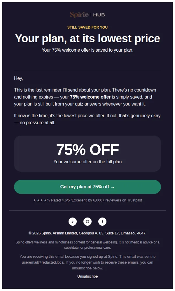 Spirio email: Your plan, at its lowest price