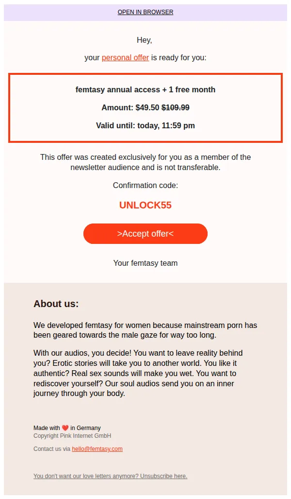 femtasy email: Save $60.49 · valid until today