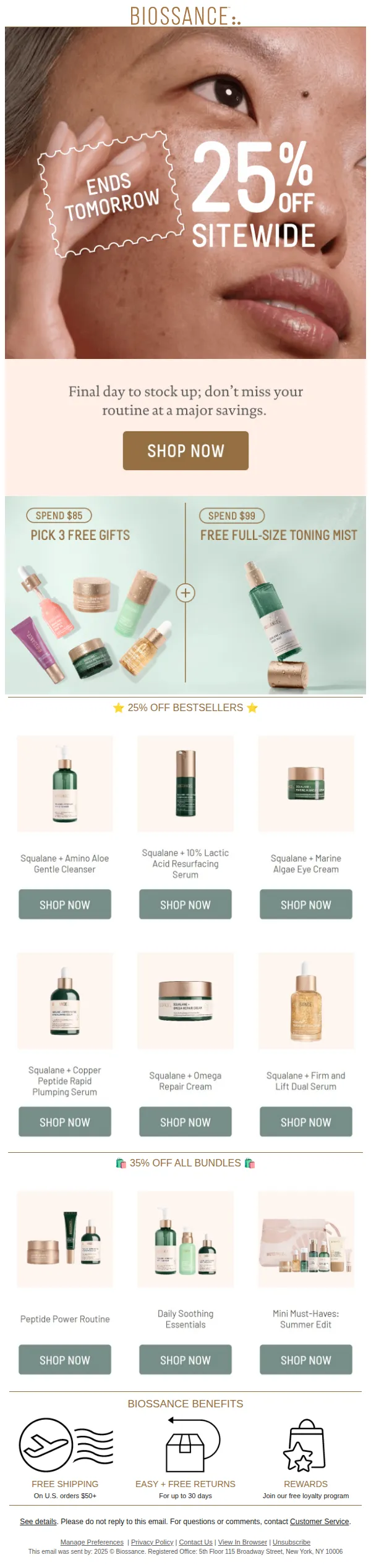 Biossance email: 25% off ALL + 4 free 🎁 ends tomorrow❗