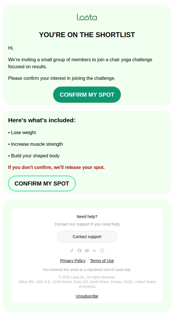 Lasta email: Your reserved spot expires soon!