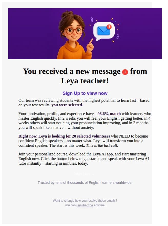 Leya AI email: You received 1 New Message 💌 (from Leya teacher)
