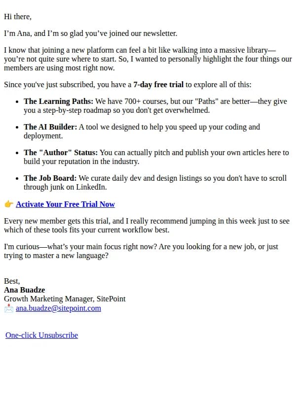 Ana Sitepoint email: Welcome to SitePoint! (How to use your trial)