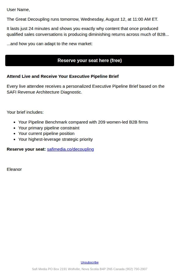 Eleanor Beaton email: Last call — The Great Decoupling