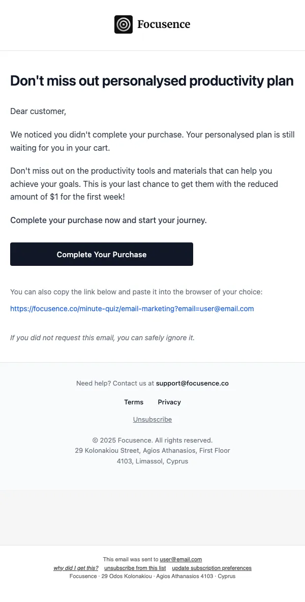 Focusence email: Improve your productivity - just one step left