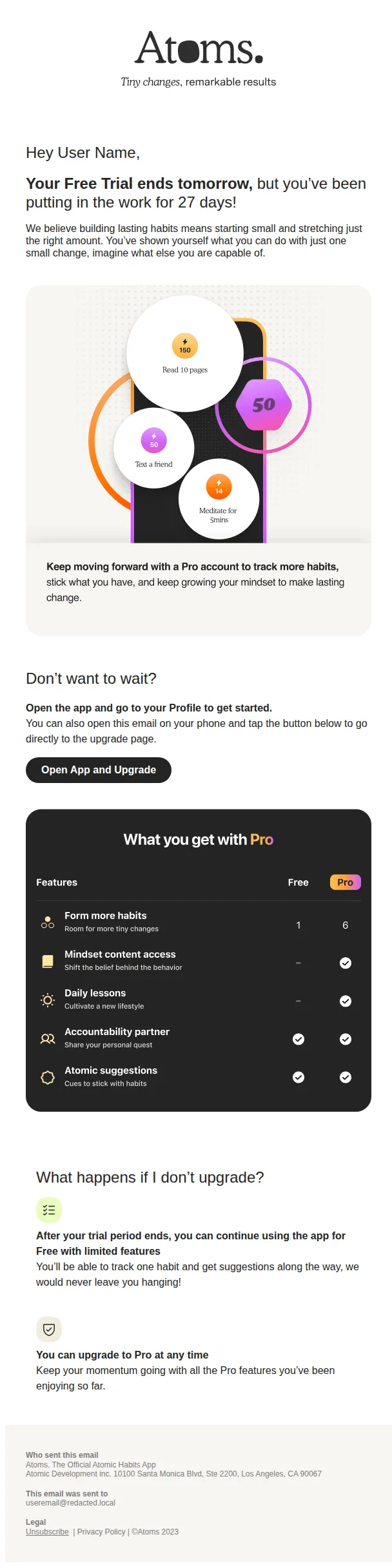 Atoms email: Your Free Trial ends tomorrow