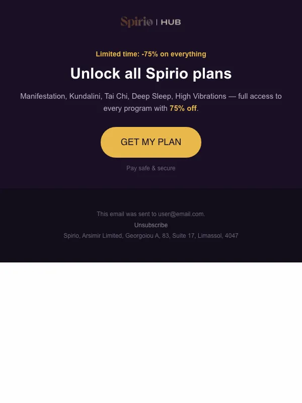 Spirio email: 75% off — all Spirio plans unlocked