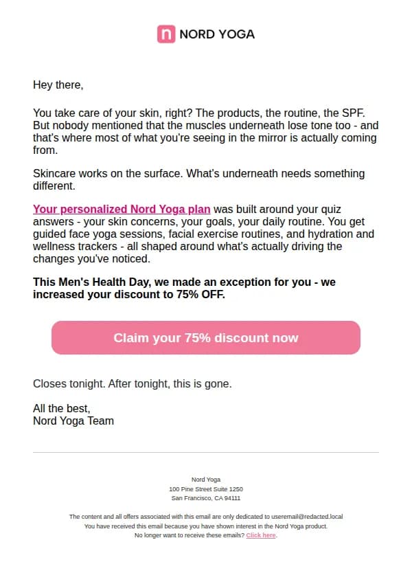 Nord Yoga email: re: I made an exception for you