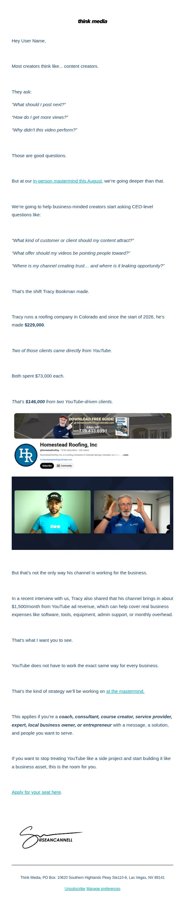Think Media email: $146,000 from just two YouTube-driven clients