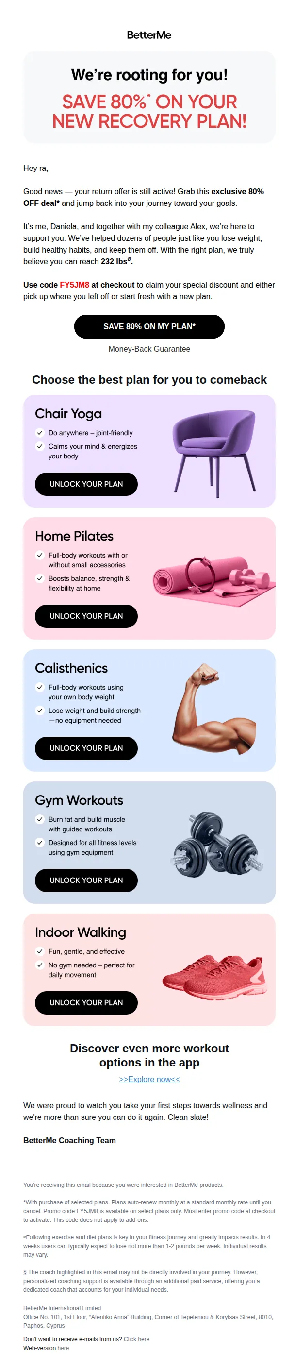 BetterMe email: We Miss You Already! Claim Your 80% Off Comeback Discount