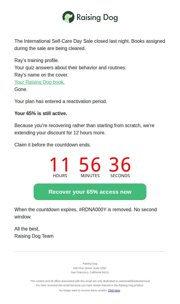 Raising Dog email: Your Raising Dog book #RDNA000Y will be deleted tonight