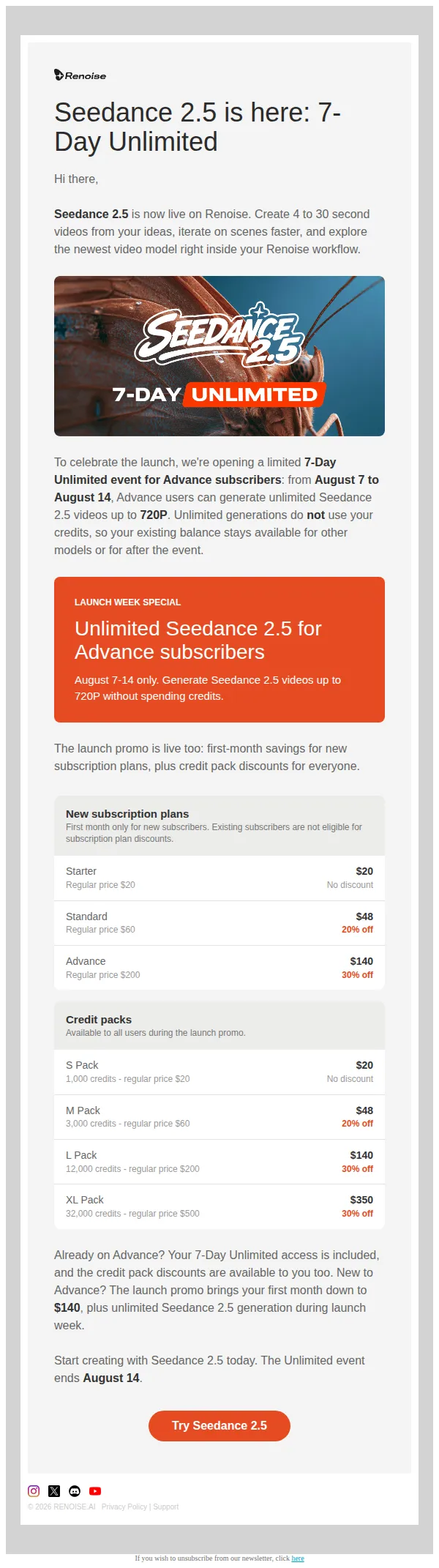 Renoise email: Seedance 2.5 is here: 7-Day Unlimited