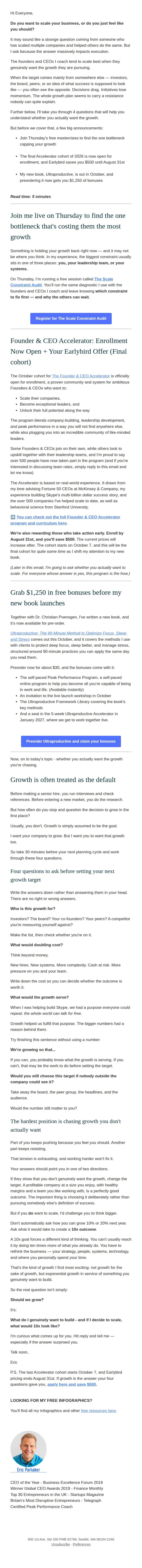 Eric Partaker email: Should You 10x Your Company? + Big Announcement