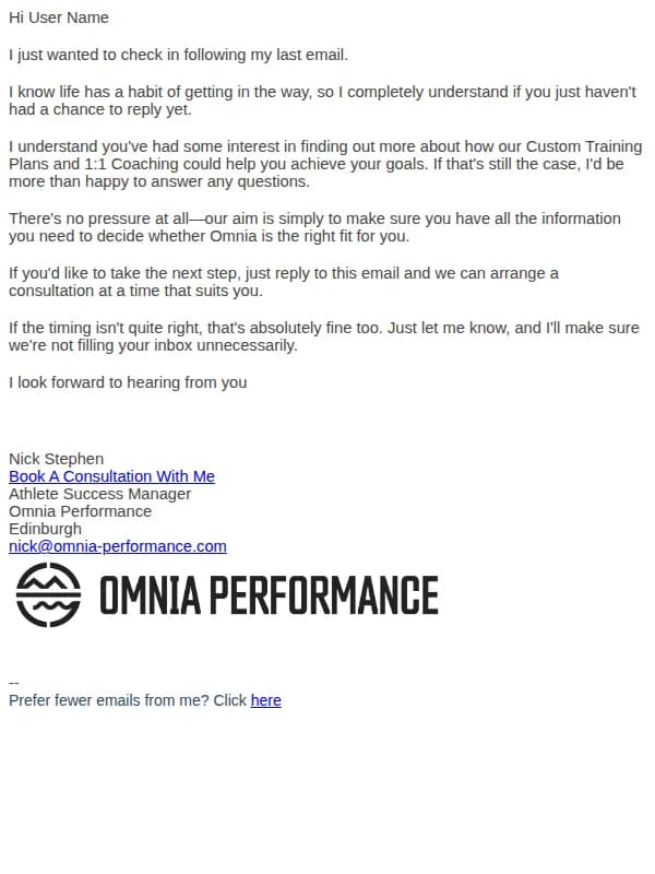 Omnia Performance email: Training check in