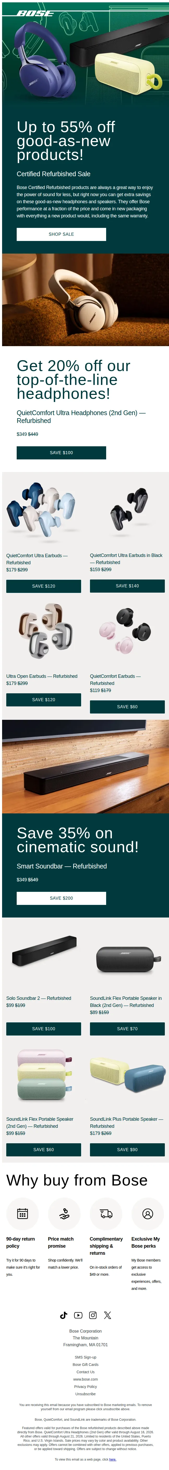 Bose email: Up to 55% off refurbished headphones & speakers!