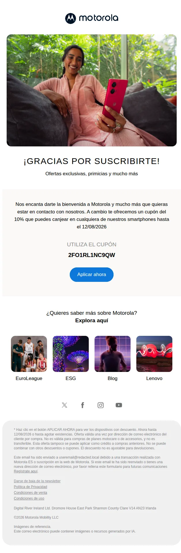 Motorola email: No olvides canjear tu cupón del 10% en motorola.es