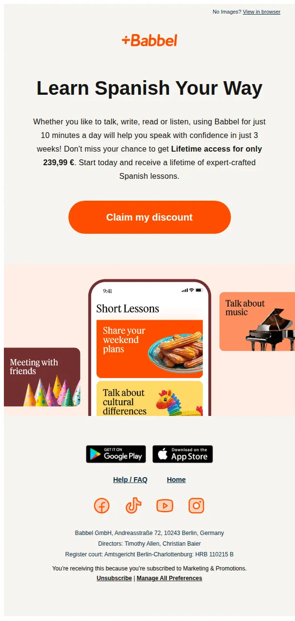 Babbel email: Don't forget - Lifetime is 239,99 €