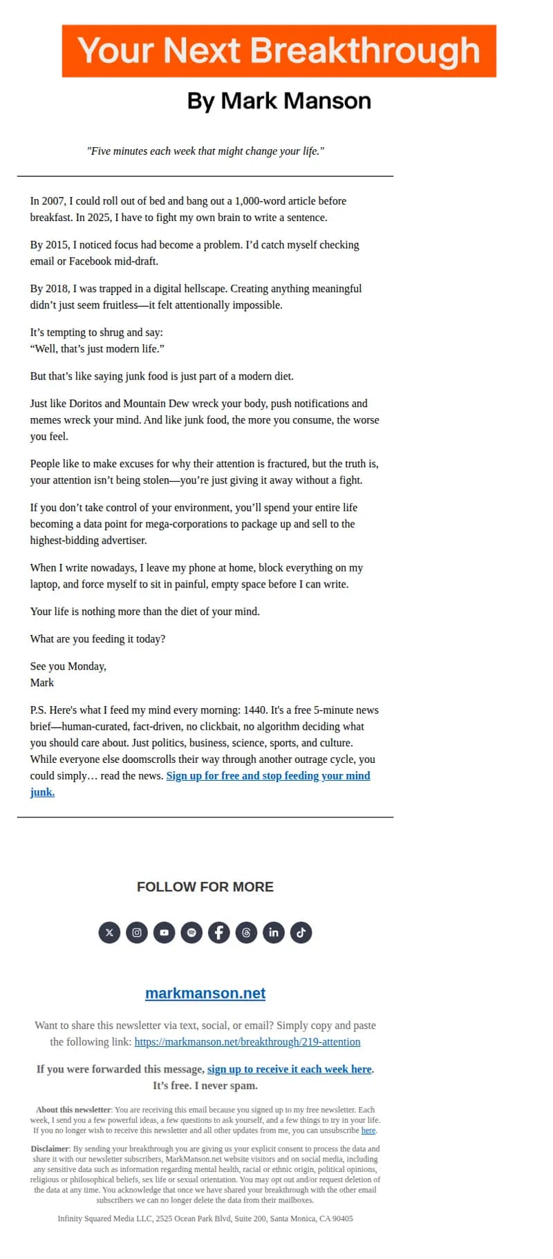 Mark Manson email: You gave away your attention