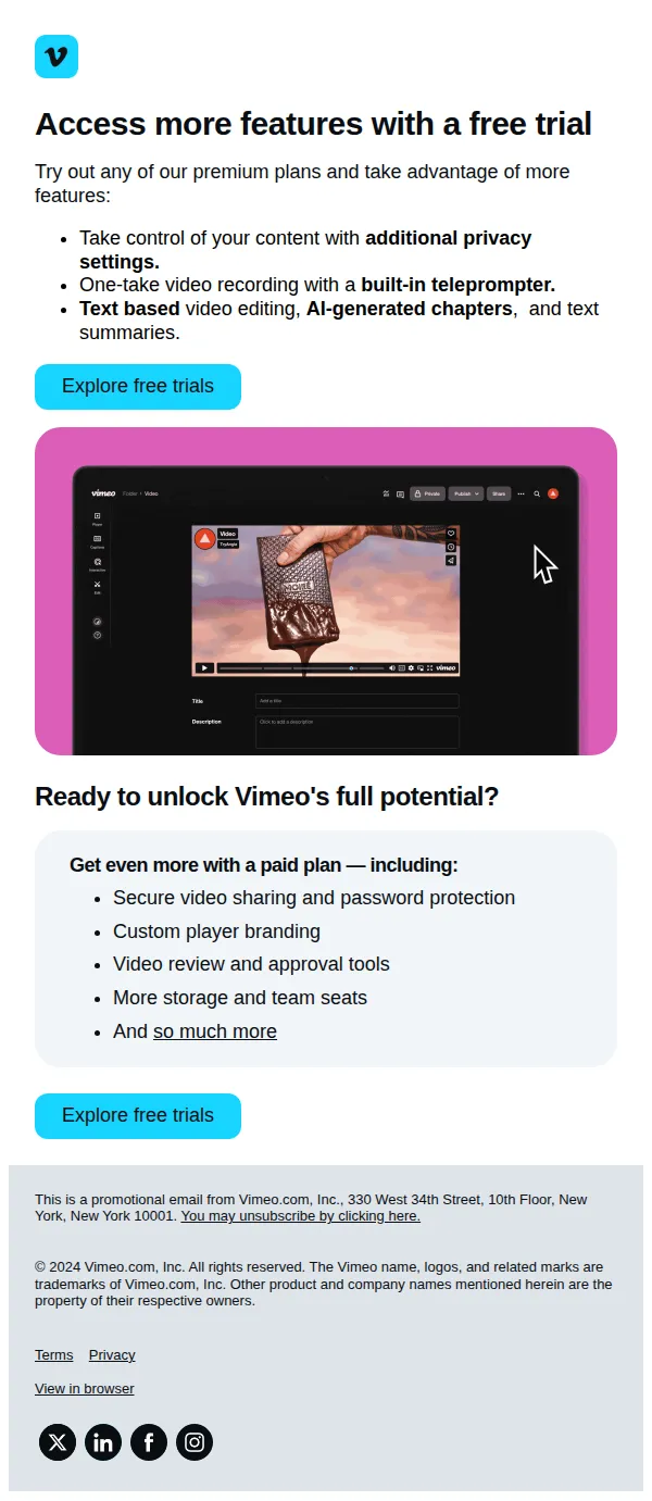 Vimeo email: Try premium features for free