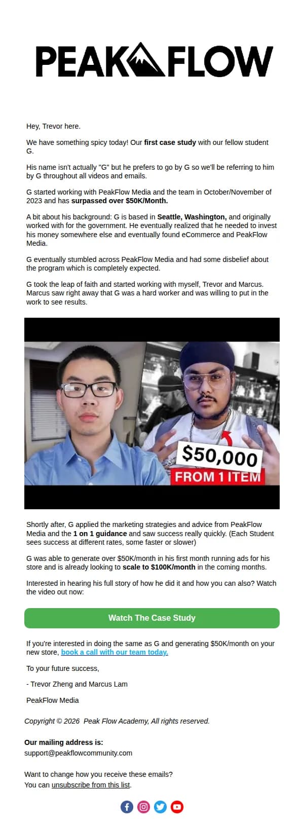 Peak Flow Academy email: How G Scaled From $0 to $50K/Month