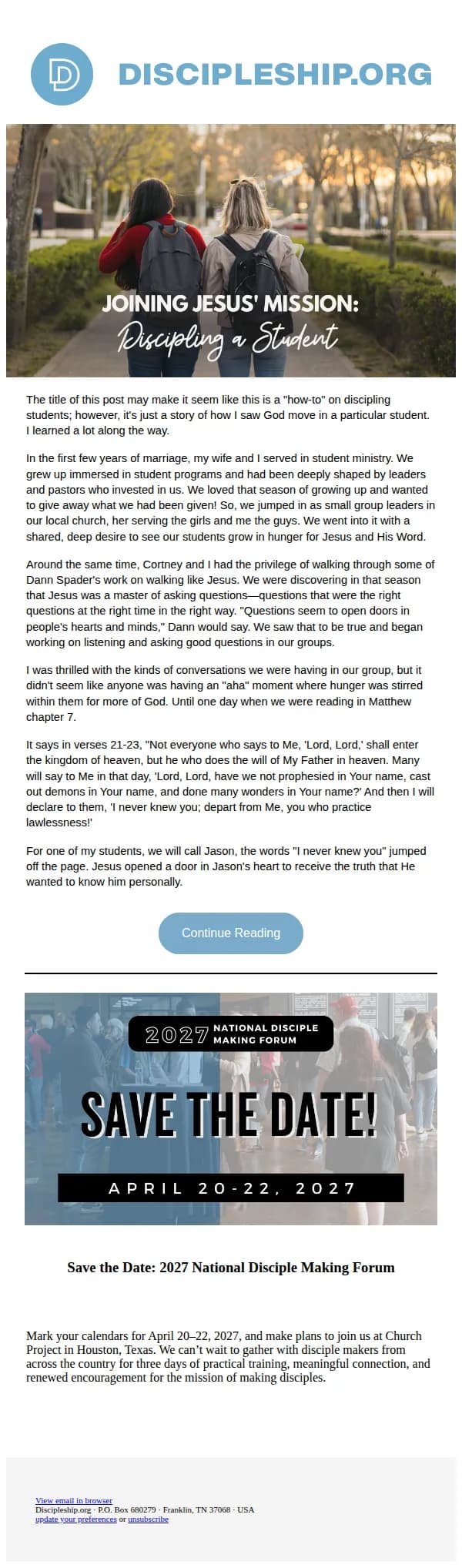Discipleship.org email: Joining Jesus' Mission: Discipling a Student