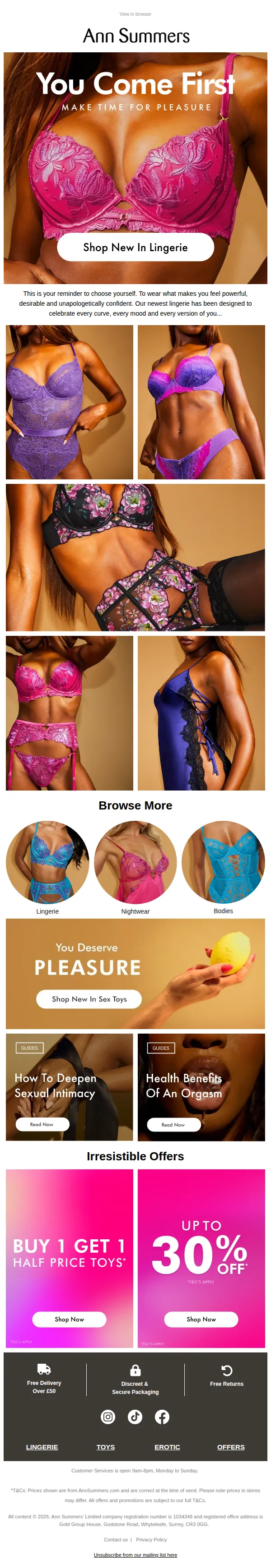 Ann Summers email: You Come First. Every. Time.