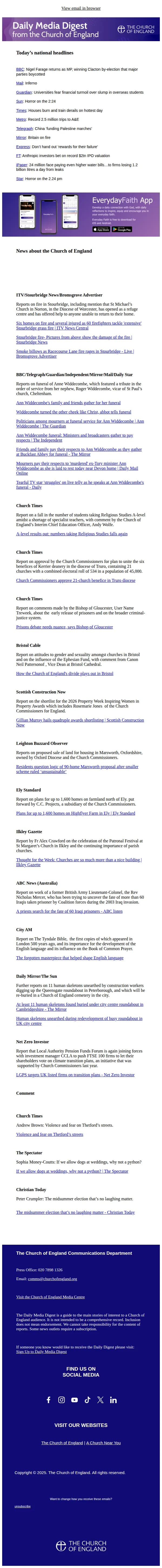 Church of England email: Today's Daily Media Digest