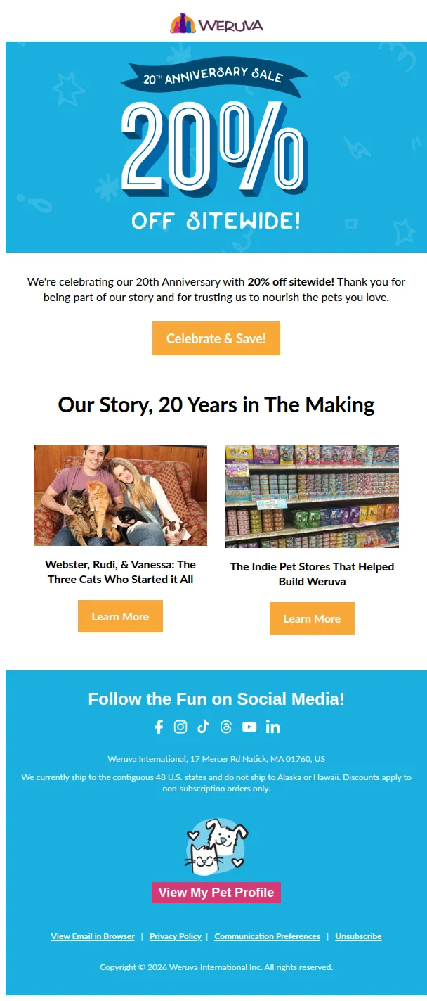 Weruva email: Celebrating 20 Years of Happy, Healthy Pets 🎉