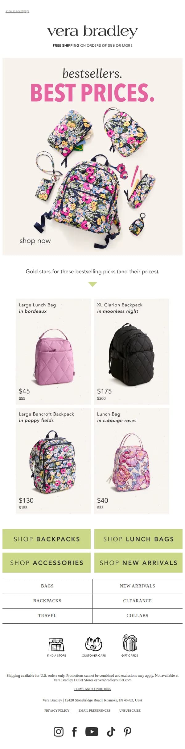 Vera Bradley Outlet Store email: A+ styles, starting at $40