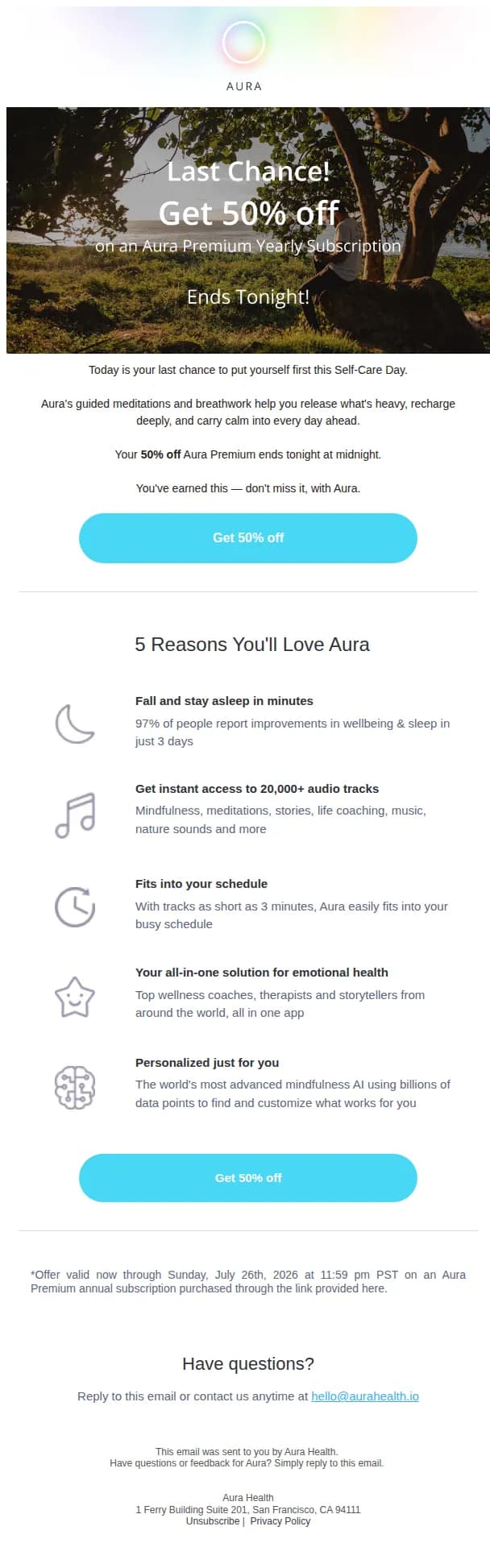 Aura Health email: 💆♀️ Last chance to honor yourself — 50% off Aura ends tonight