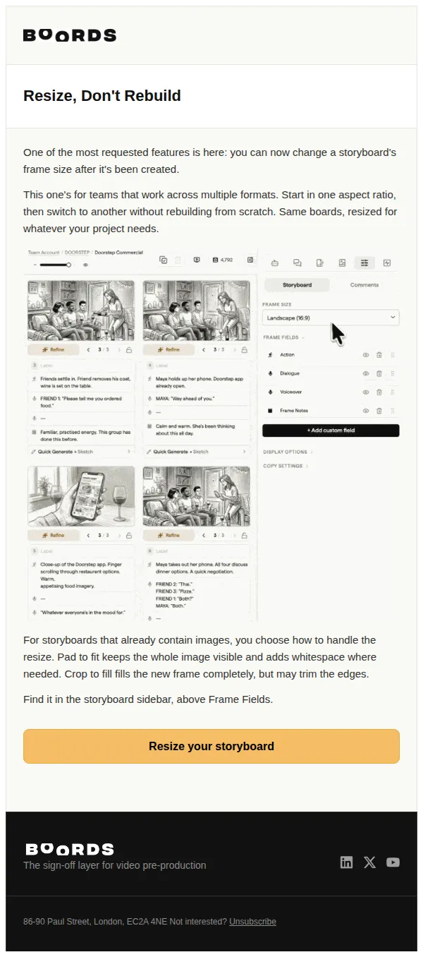 Boords email: One storyboard, any aspect ratio