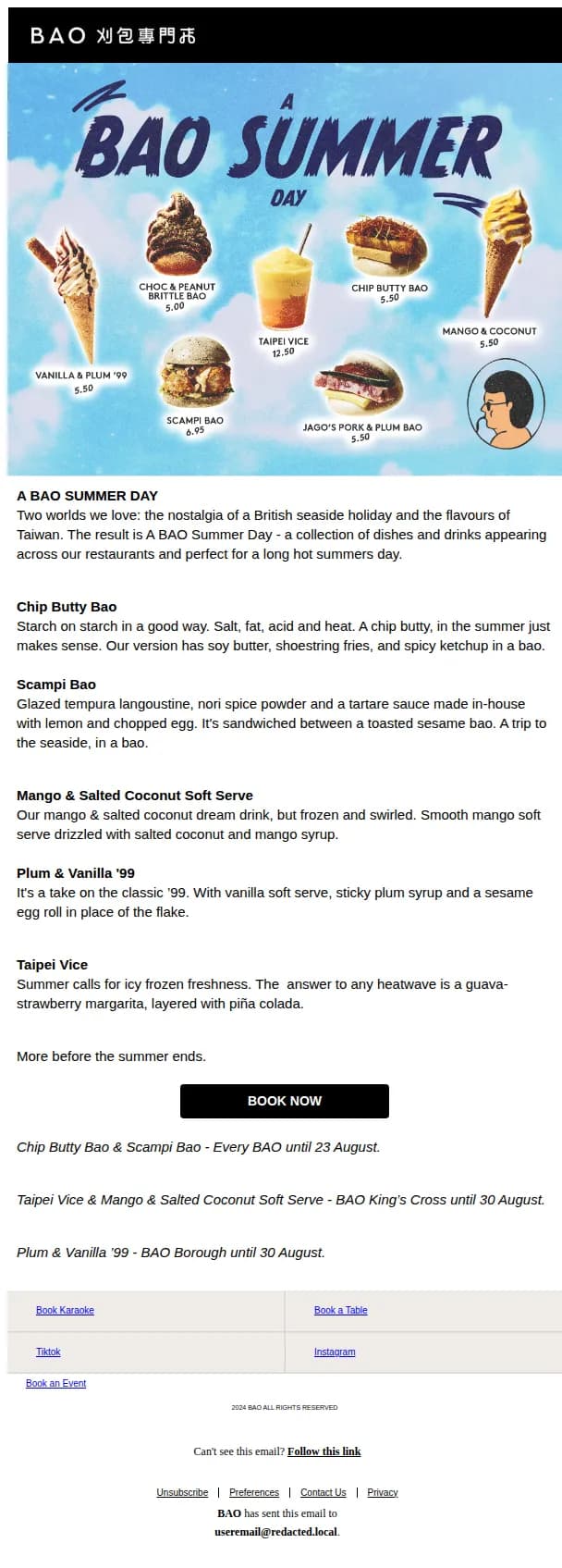 BAO London email: Chip butty. Scampi. Inside a bao.