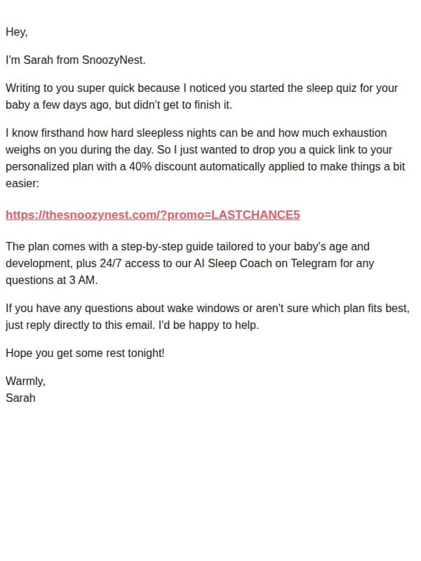 Sarah de SnoozyNest email: Hey.. how are the nights going?