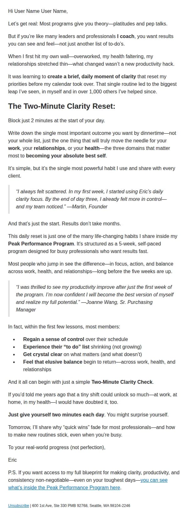 Eric Partaker email: What changes in your first day (proven by professionals like you)