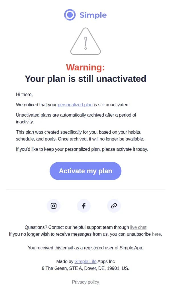Simple email: ⚠️ Your personalized plan is pending activation
