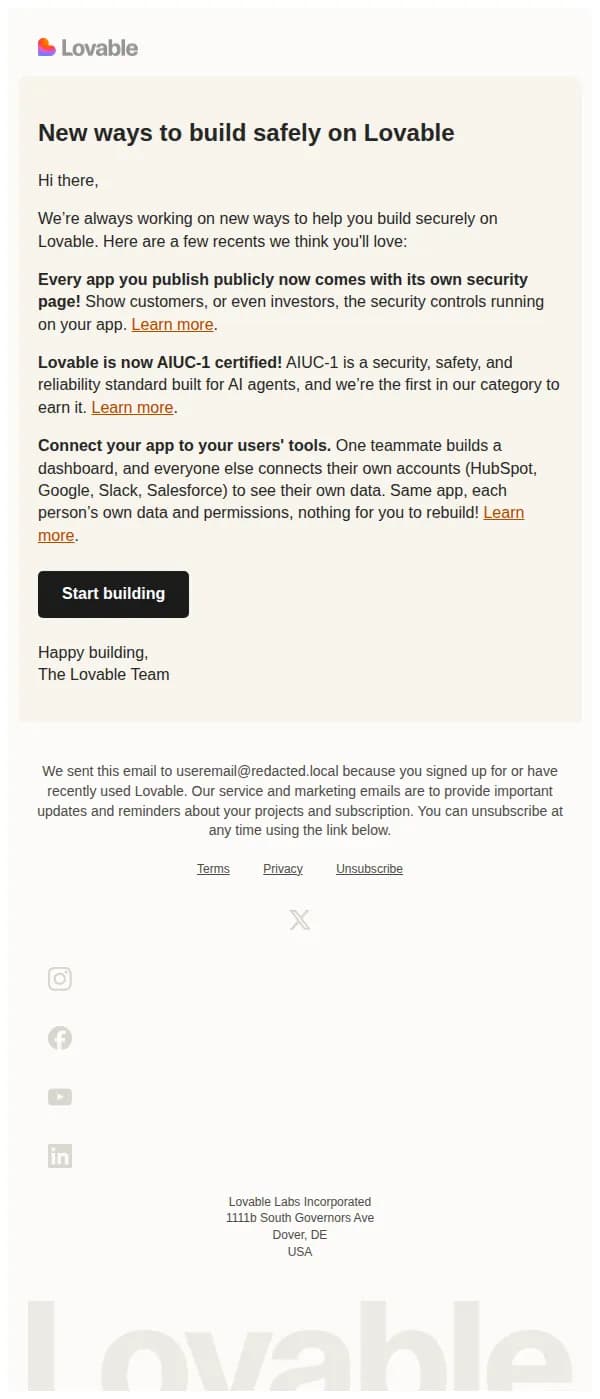 Lovable email: New ways to build safely on Lovable