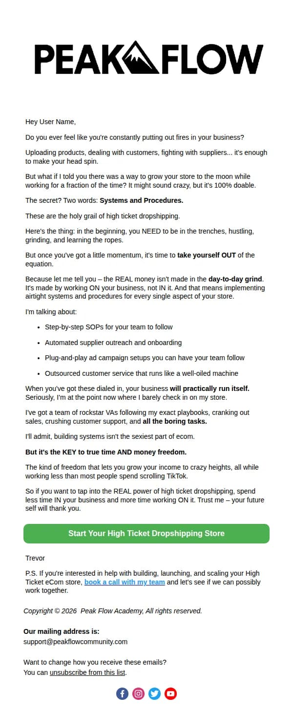 Peak Flow Academy email: Implement this in your business asap