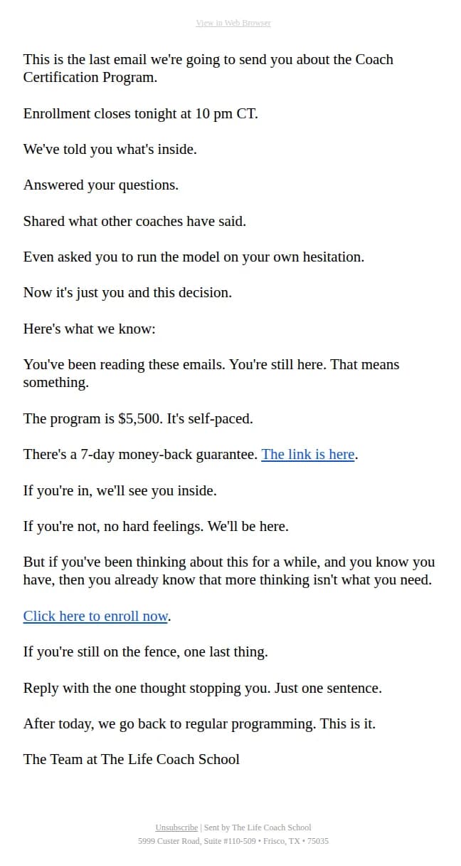 The Life Coach School email: Last email about this