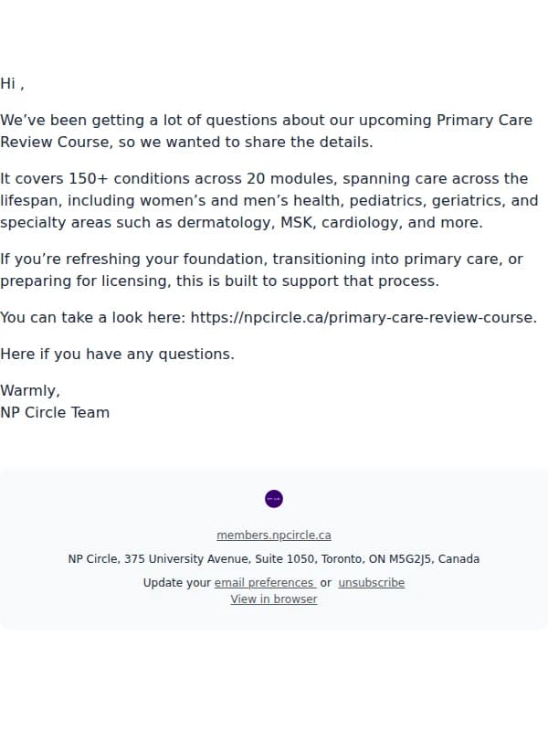 NP Circle email: Primary Care Review Course Curriculum